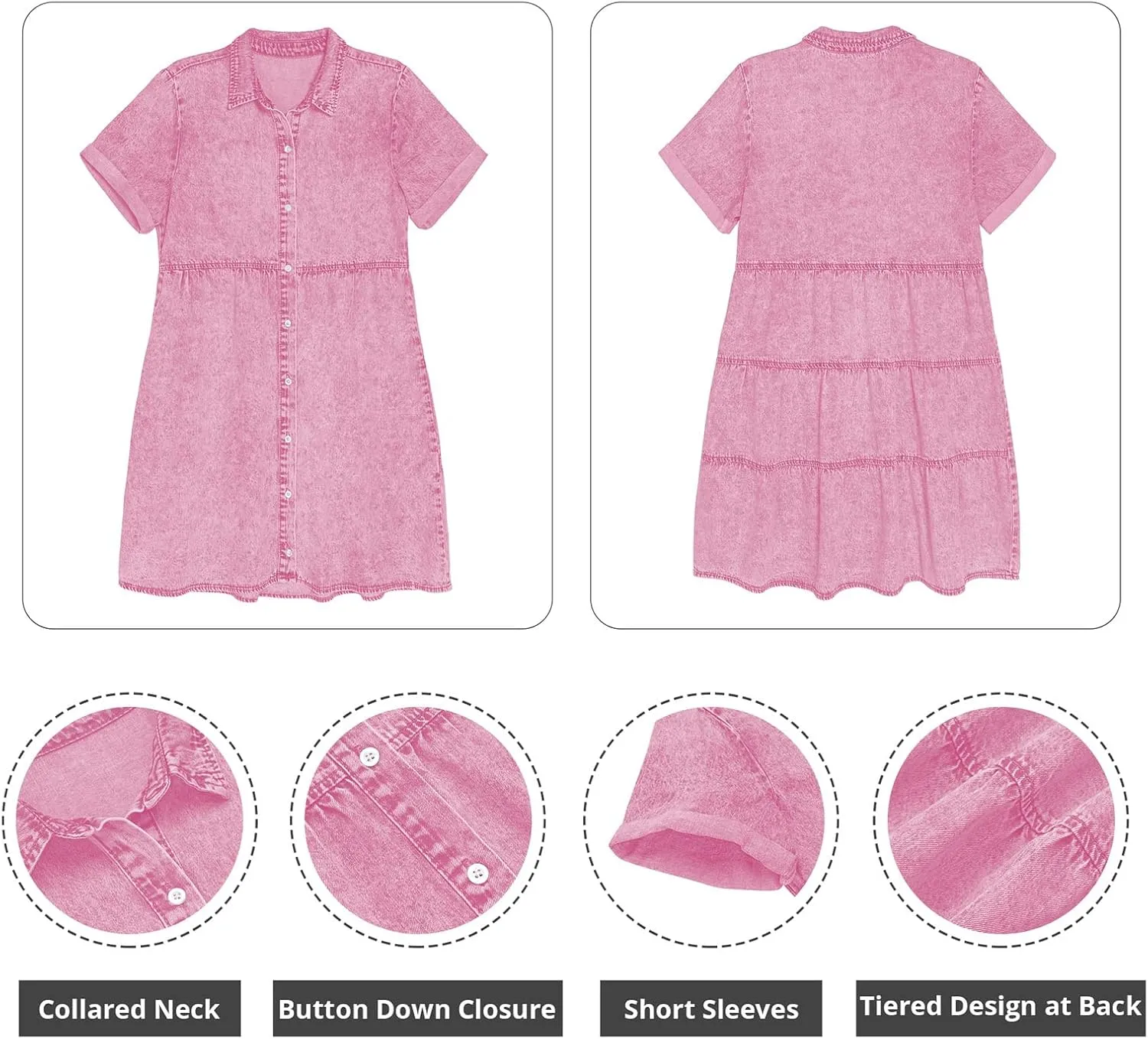 GRAPENT Denim Dress for Women Babydoll Tiered Short Sleeve Button Down Jean Shirt Dresses