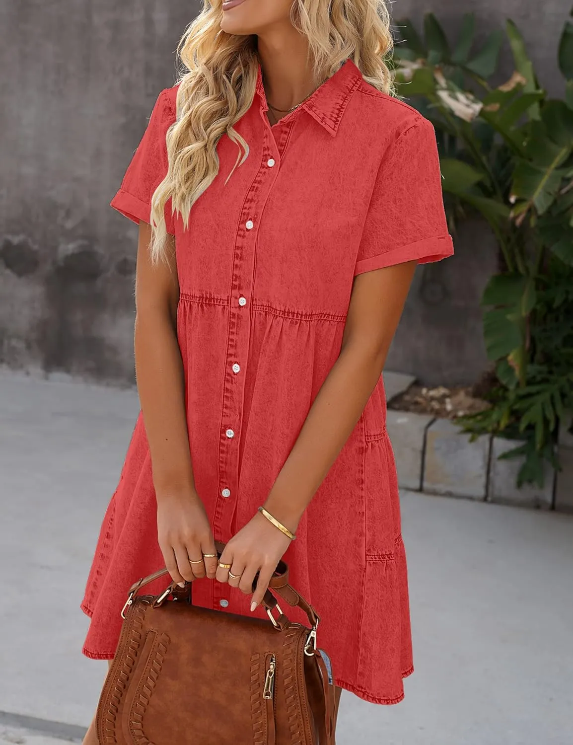GRAPENT Denim Dress for Women Babydoll Tiered Short Sleeve Button Down Jean Shirt Dresses