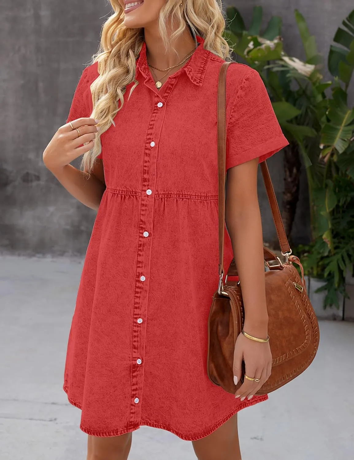 GRAPENT Denim Dress for Women Babydoll Tiered Short Sleeve Button Down Jean Shirt Dresses