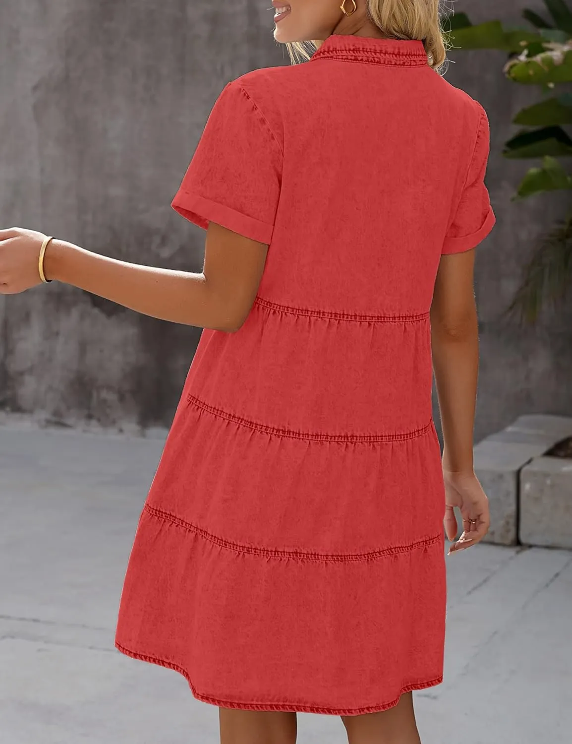 GRAPENT Denim Dress for Women Babydoll Tiered Short Sleeve Button Down Jean Shirt Dresses