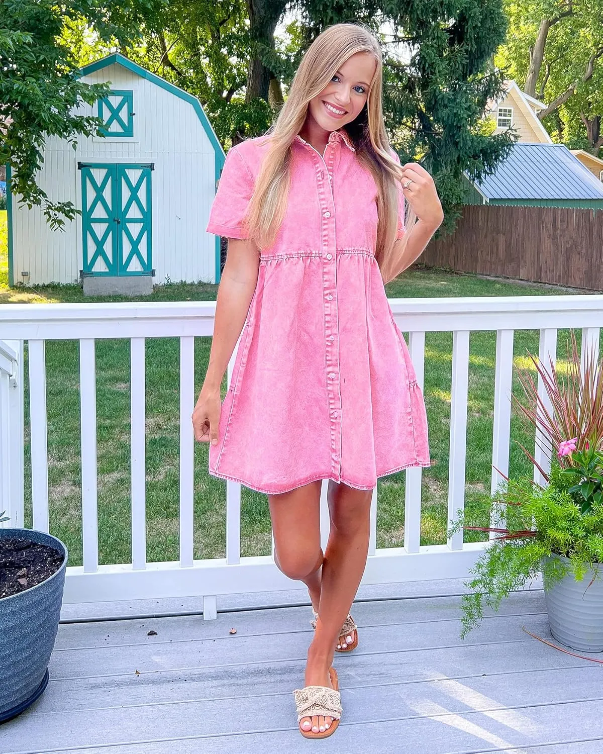 GRAPENT Denim Dress for Women Babydoll Tiered Short Sleeve Button Down Jean Shirt Dresses