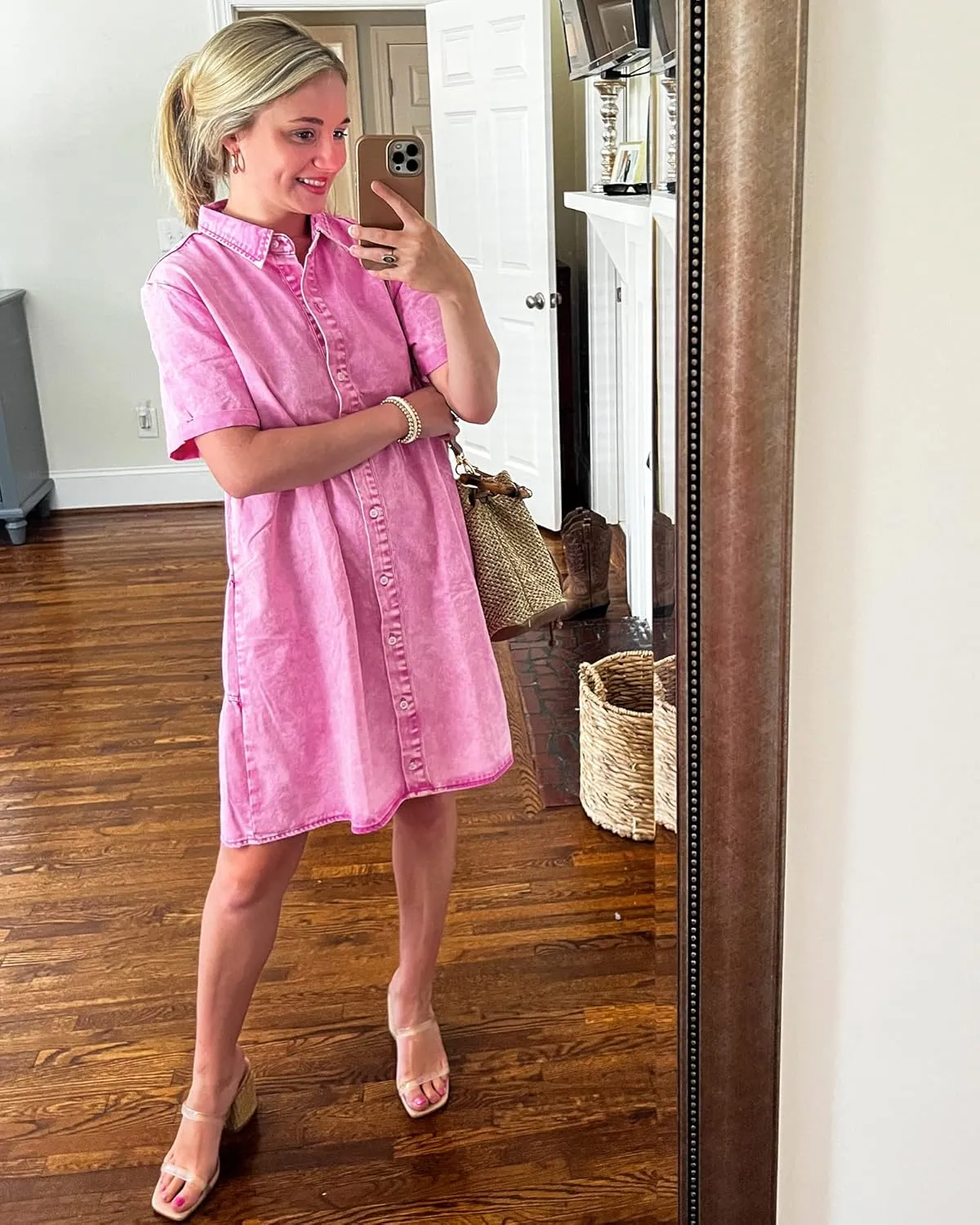 GRAPENT Denim Dress for Women Babydoll Tiered Short Sleeve Button Down Jean Shirt Dresses