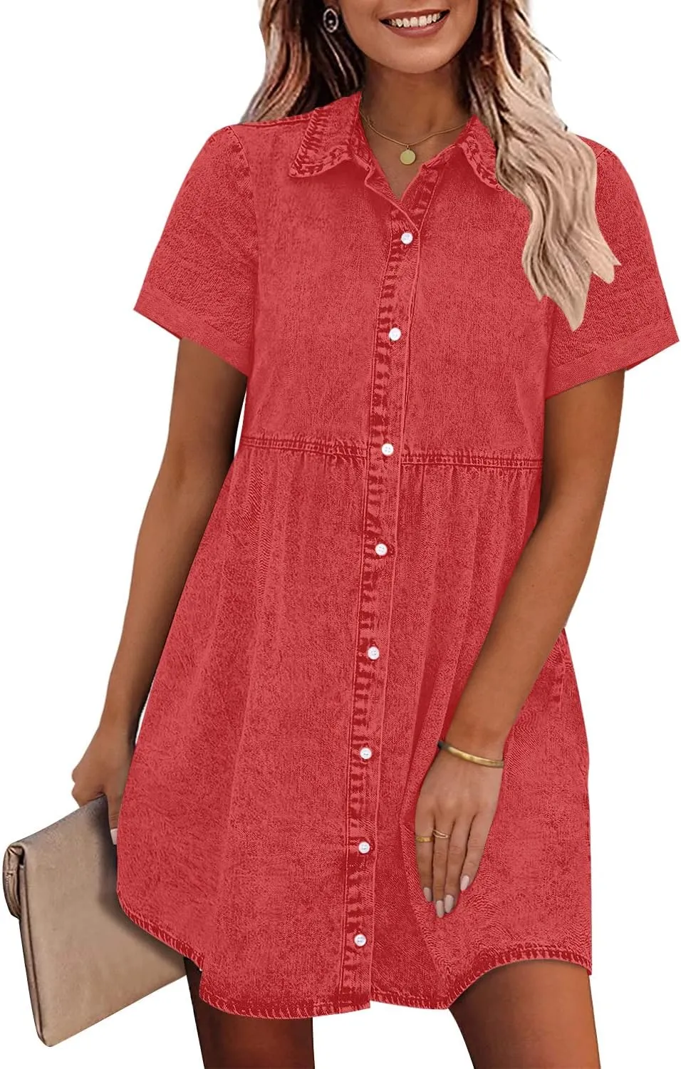 GRAPENT Denim Dress for Women Babydoll Tiered Short Sleeve Button Down Jean Shirt Dresses