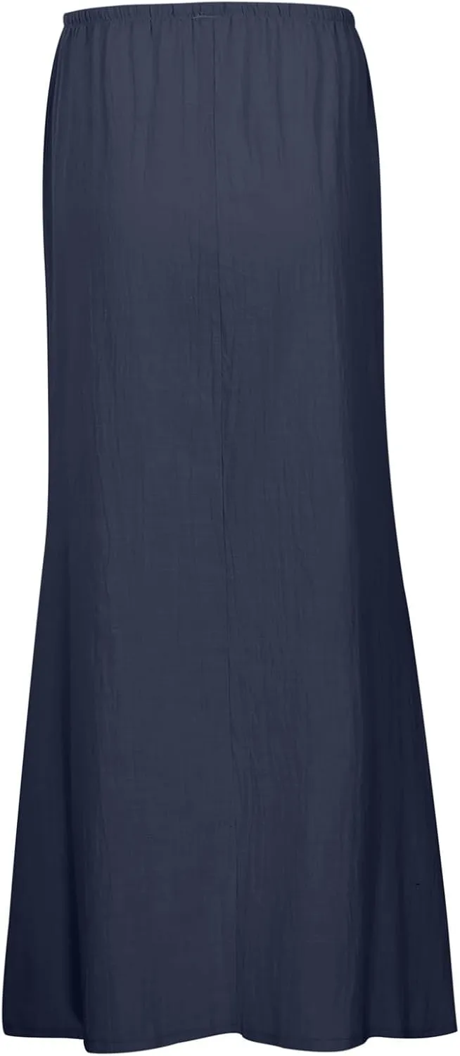 High Waisted Maxi Skirts for Women Summer Casual Boho A Line Long Skirt Cotton Linen Drawstring Waist Beach Skort