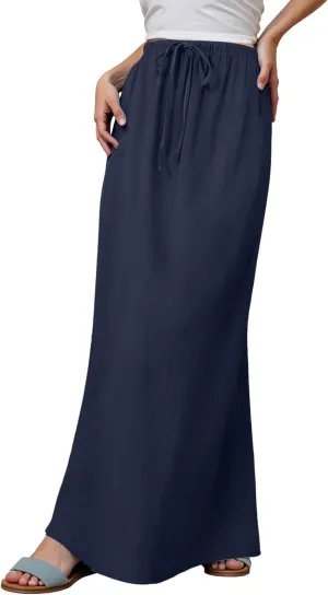 High Waisted Maxi Skirts for Women Summer Casual Boho A Line Long Skirt Cotton Linen Drawstring Waist Beach Skort