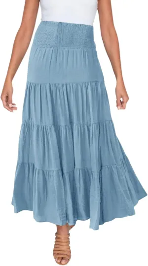 High Waisted Maxi Skirts for Women Trendy Smocked Ruffled Tiered Flowy Linen Skirt Summer Casual Boho Long Skorts