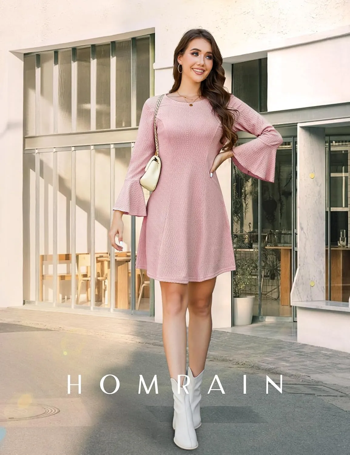 HomRain Women's Casual Spring Dress 3/4 Bell Sleeve Work Church A-Line Dresses for Women 2025 Crewneck Knit Sweater Outfits