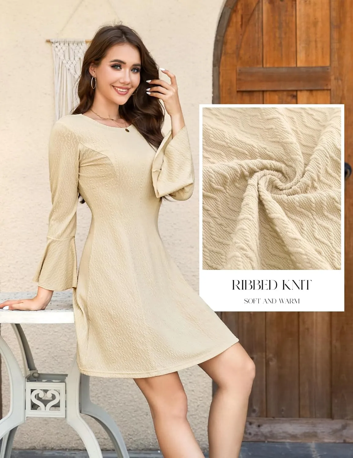 HomRain Women's Casual Spring Dress 3/4 Bell Sleeve Work Church A-Line Dresses for Women 2025 Crewneck Knit Sweater Outfits