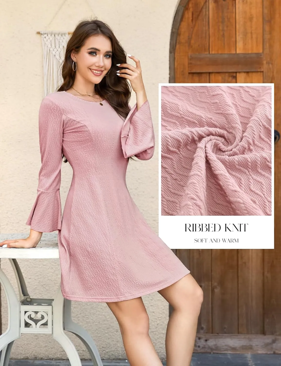 HomRain Women's Casual Spring Dress 3/4 Bell Sleeve Work Church A-Line Dresses for Women 2025 Crewneck Knit Sweater Outfits