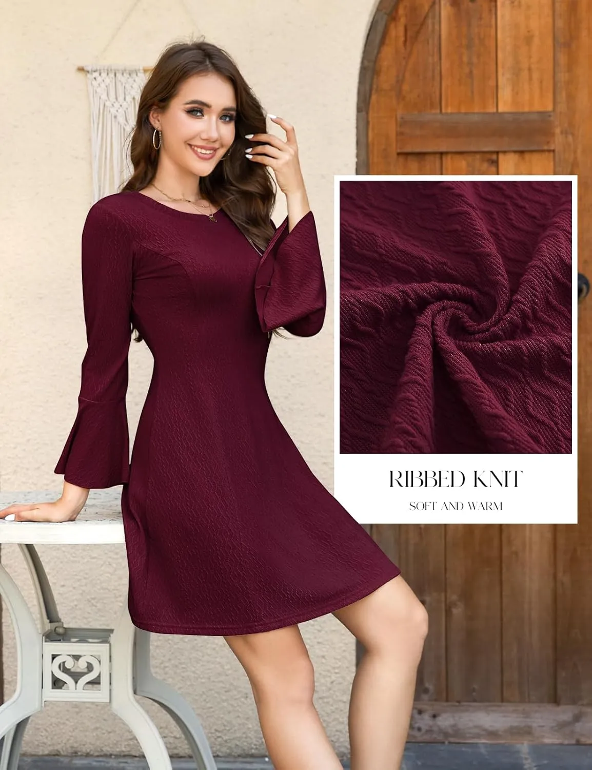 HomRain Women's Casual Spring Dress 3/4 Bell Sleeve Work Church A-Line Dresses for Women 2025 Crewneck Knit Sweater Outfits