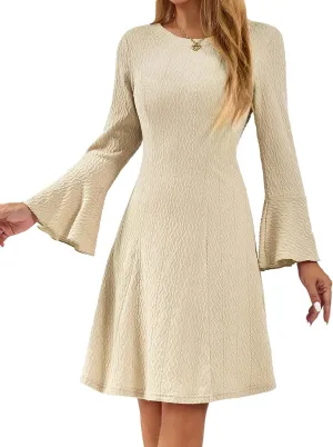 HomRain Women's Casual Spring Dress 3/4 Bell Sleeve Work Church A-Line Dresses for Women 2025 Crewneck Knit Sweater Outfits
