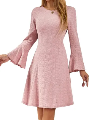 HomRain Women's Casual Spring Dress 3/4 Bell Sleeve Work Church A-Line Dresses for Women 2025 Crewneck Knit Sweater Outfits