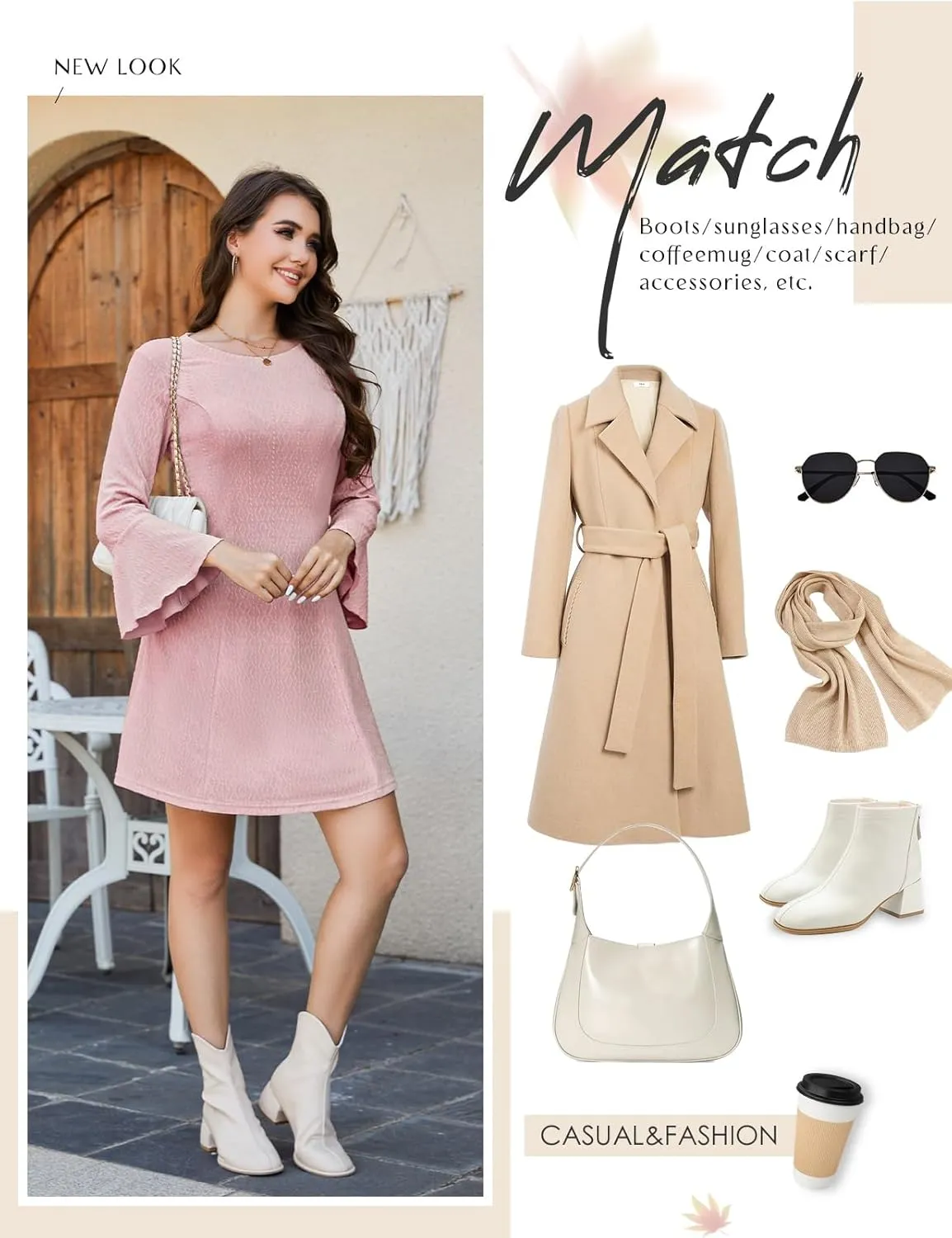 HomRain Women's Casual Spring Dress 3/4 Bell Sleeve Work Church A-Line Dresses for Women 2025 Crewneck Knit Sweater Outfits