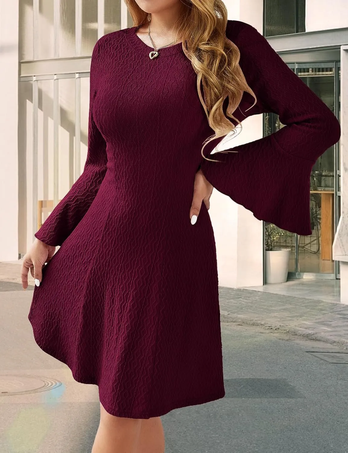 HomRain Women's Casual Spring Dress 3/4 Bell Sleeve Work Church A-Line Dresses for Women 2025 Crewneck Knit Sweater Outfits
