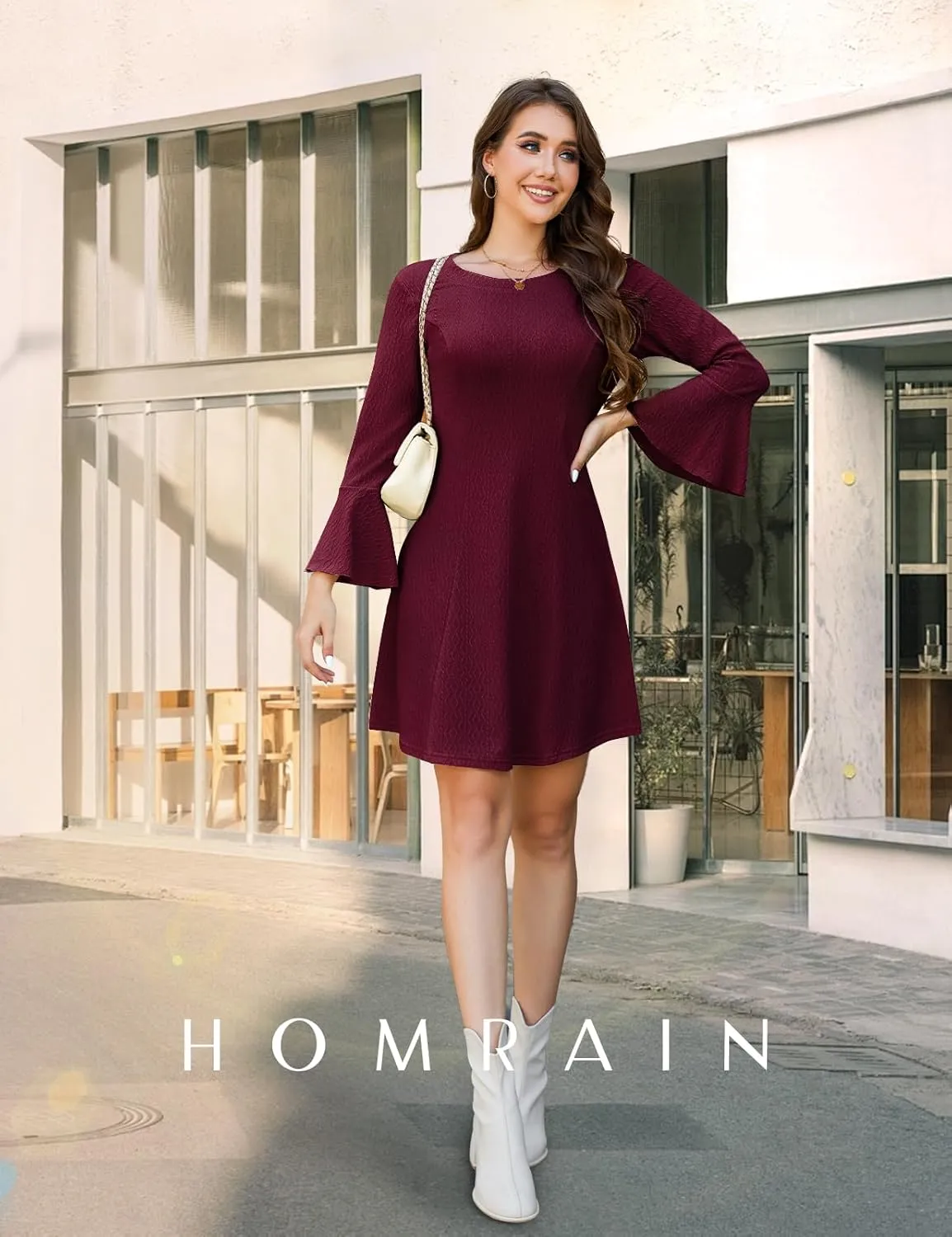 HomRain Women's Casual Spring Dress 3/4 Bell Sleeve Work Church A-Line Dresses for Women 2025 Crewneck Knit Sweater Outfits