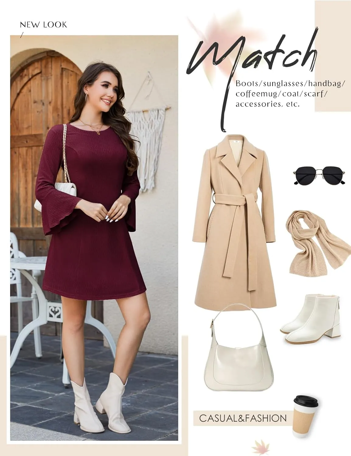 HomRain Women's Casual Spring Dress 3/4 Bell Sleeve Work Church A-Line Dresses for Women 2025 Crewneck Knit Sweater Outfits