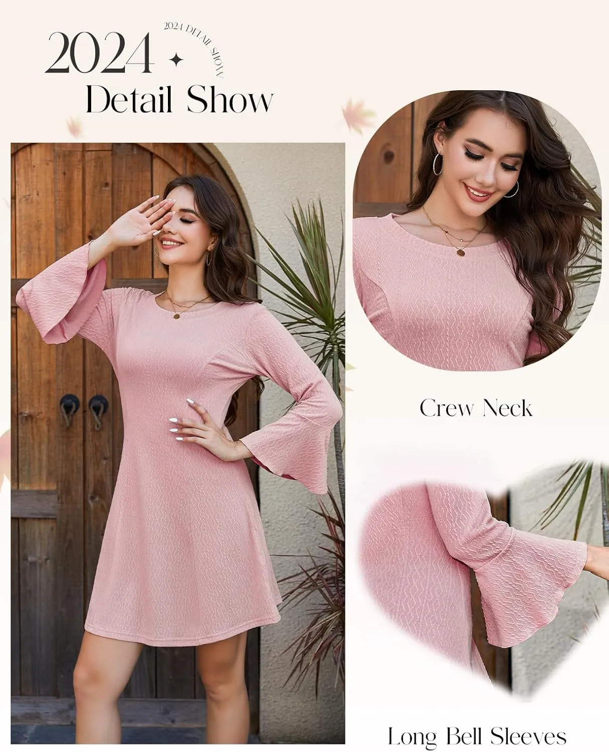 HomRain Women's Casual Spring Dress 3/4 Bell Sleeve Work Church A-Line Dresses for Women 2025 Crewneck Knit Sweater Outfits