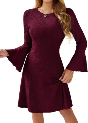 HomRain Women's Casual Spring Dress 3/4 Bell Sleeve Work Church A-Line Dresses for Women 2025 Crewneck Knit Sweater Outfits