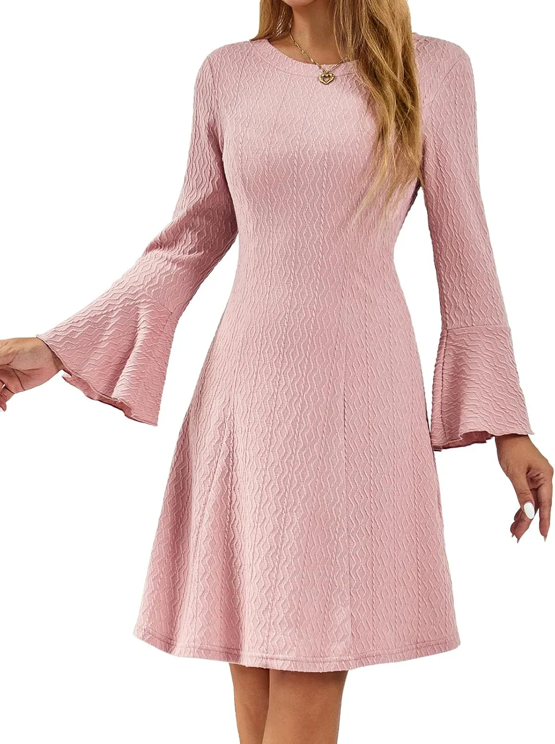 HomRain Women's Casual Spring Dress 3/4 Bell Sleeve Work Church A-Line Dresses for Women 2025 Crewneck Knit Sweater Outfits