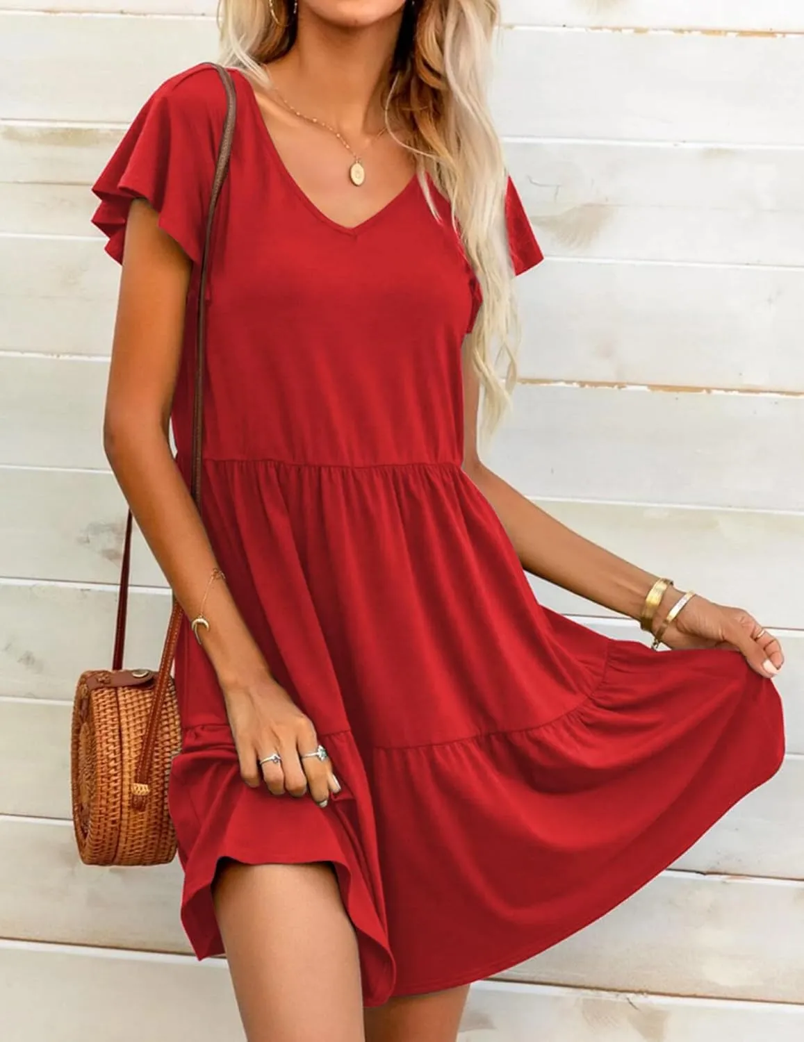 HOTOUCH Women's Casual Tiered Dress with Pockets V Neck Ruffle Dress Cap Sleeve Swing Mini Dress A-Line Dresses