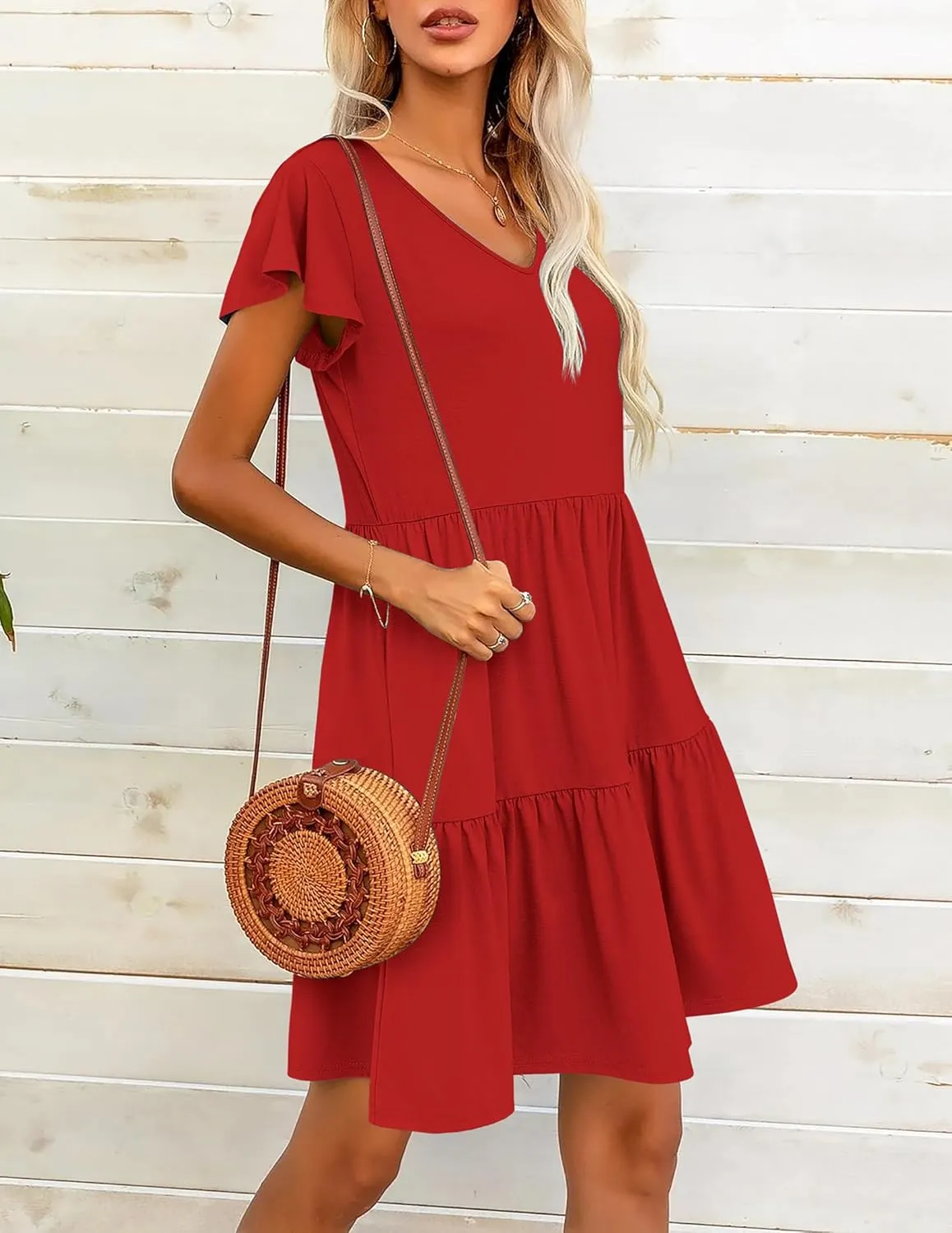 HOTOUCH Women's Casual Tiered Dress with Pockets V Neck Ruffle Dress Cap Sleeve Swing Mini Dress A-Line Dresses