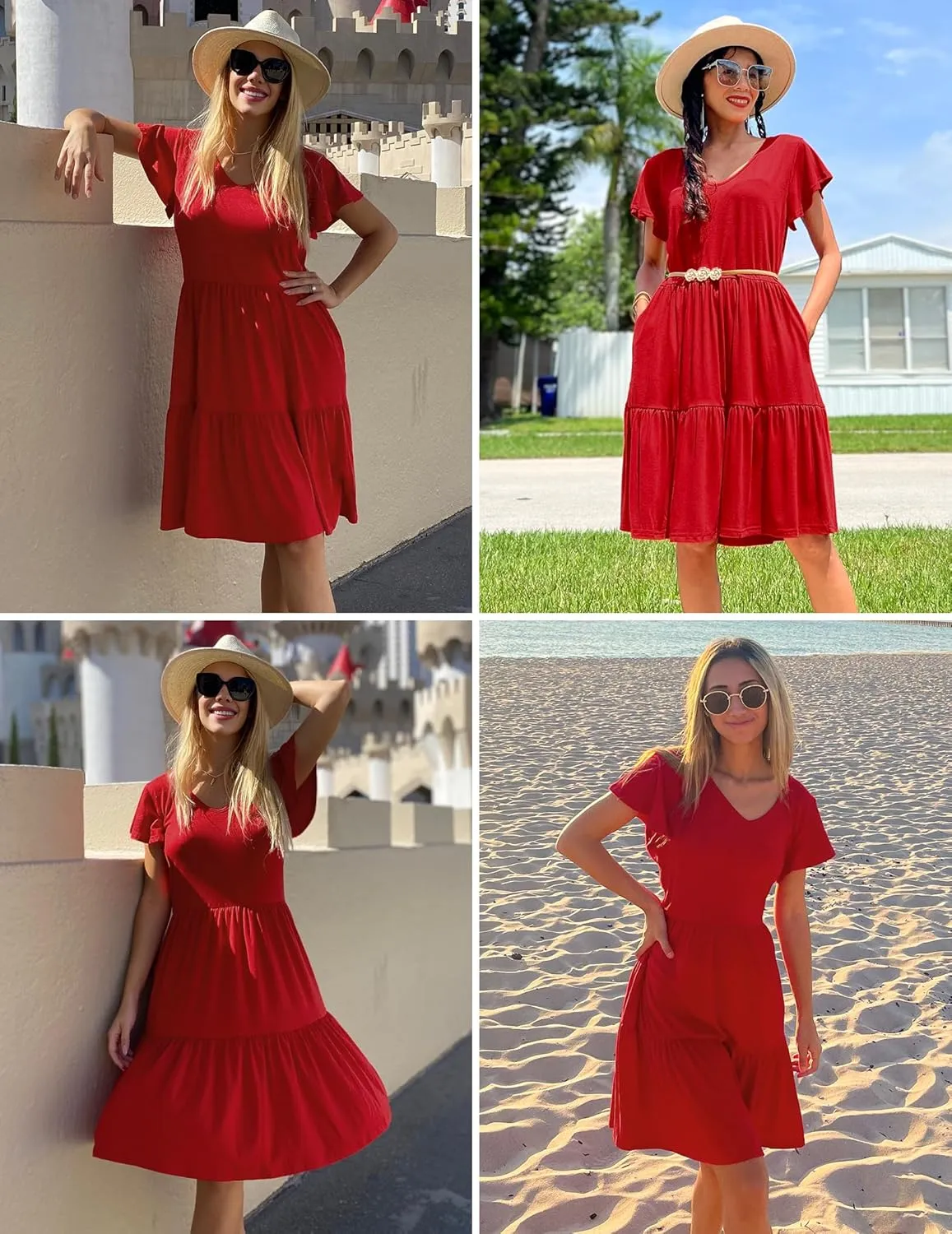 HOTOUCH Women's Casual Tiered Dress with Pockets V Neck Ruffle Dress Cap Sleeve Swing Mini Dress A-Line Dresses