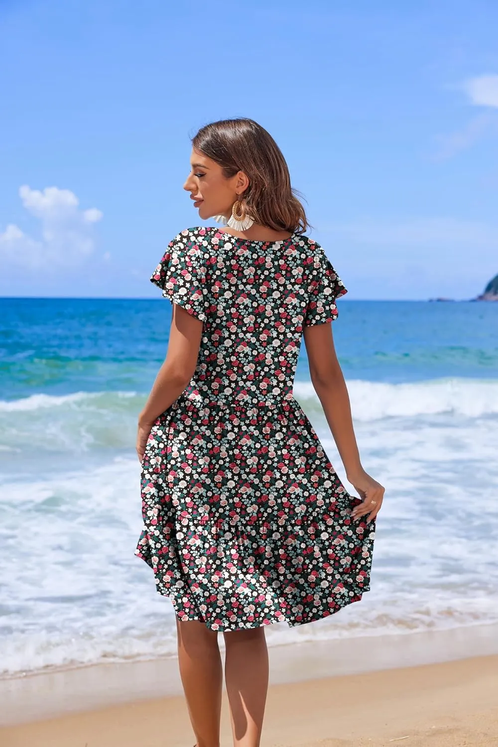HOTOUCH Women's Casual Tiered Dress with Pockets V Neck Ruffle Dress Cap Sleeve Swing Mini Dress A-Line Dresses