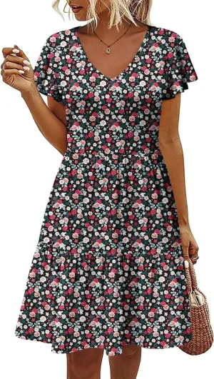 HOTOUCH Women's Casual Tiered Dress with Pockets V Neck Ruffle Dress Cap Sleeve Swing Mini Dress A-Line Dresses