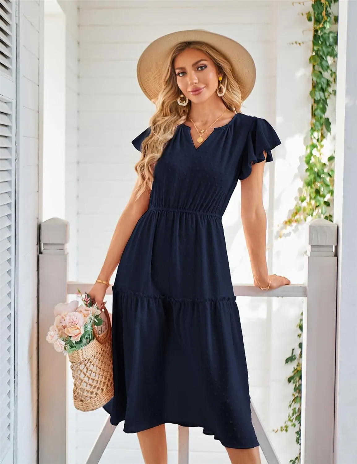 JASAMBAC Womens Dresses Casual Wrap V Neck Ruffle Short Sleeves Floral Print Flowy Dress Wedding Guest A-Line Maxi Dress