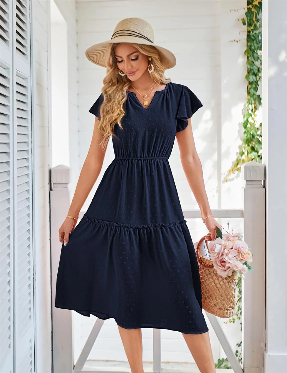 JASAMBAC Womens Dresses Casual Wrap V Neck Ruffle Short Sleeves Floral Print Flowy Dress Wedding Guest A-Line Maxi Dress