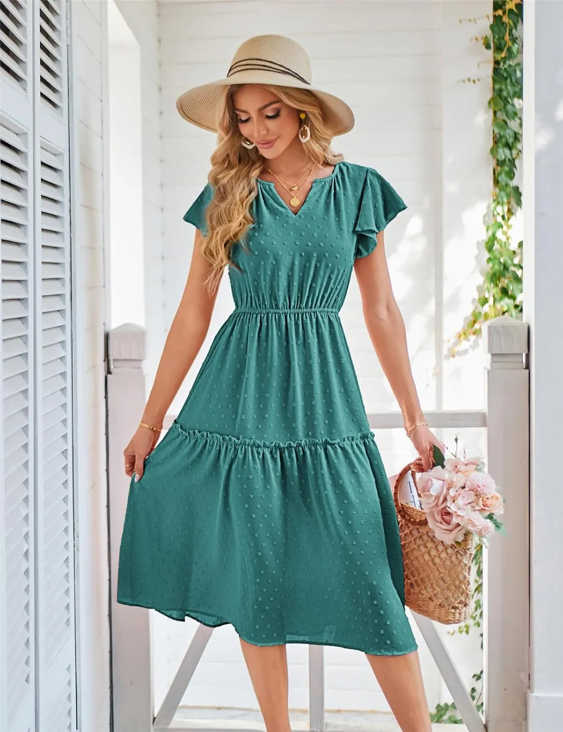 JASAMBAC Womens Dresses Casual Wrap V Neck Ruffle Short Sleeves Floral Print Flowy Dress Wedding Guest A-Line Maxi Dress
