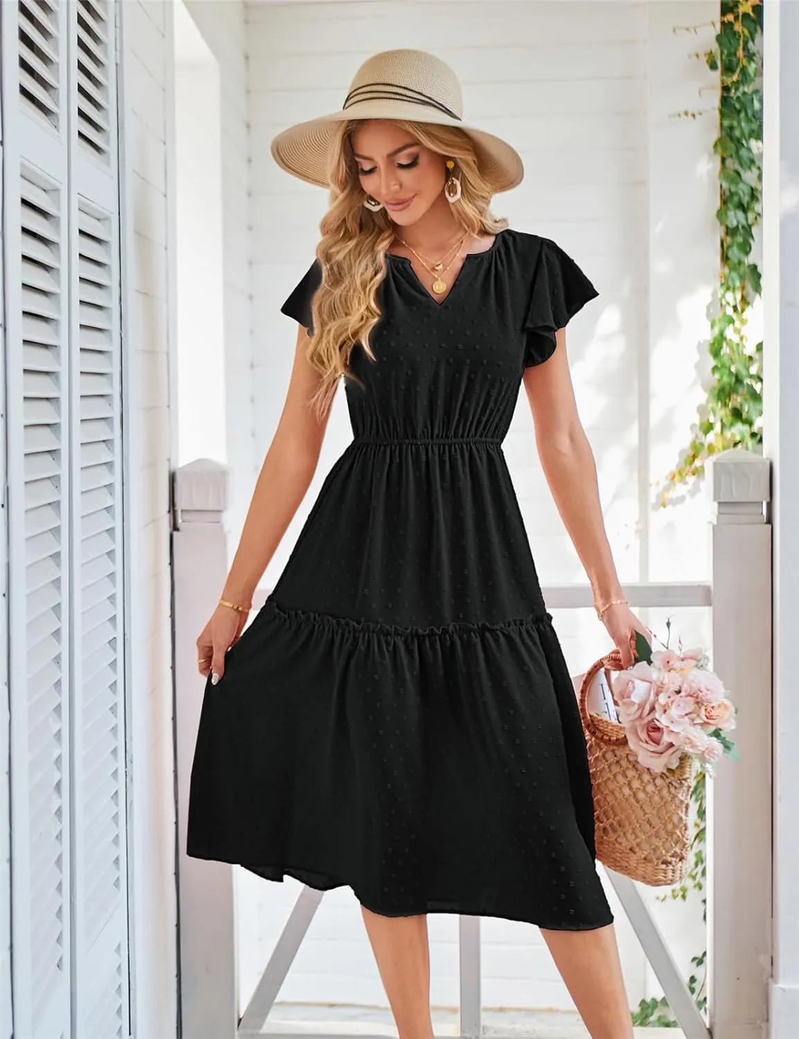JASAMBAC Womens Dresses Casual Wrap V Neck Ruffle Short Sleeves Floral Print Flowy Dress Wedding Guest A-Line Maxi Dress