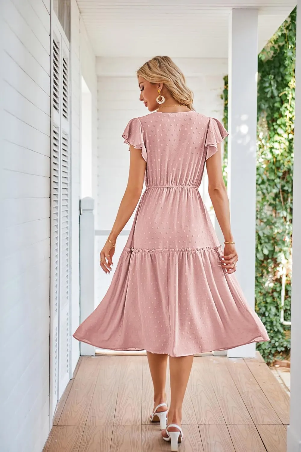 JASAMBAC Womens Dresses Casual Wrap V Neck Ruffle Short Sleeves Floral Print Flowy Dress Wedding Guest A-Line Maxi Dress