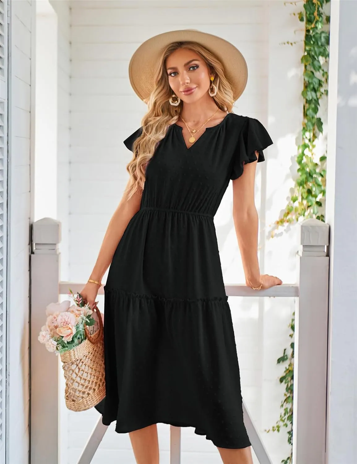 JASAMBAC Womens Dresses Casual Wrap V Neck Ruffle Short Sleeves Floral Print Flowy Dress Wedding Guest A-Line Maxi Dress