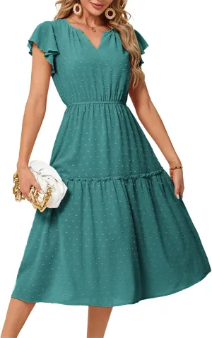 JASAMBAC Womens Dresses Casual Wrap V Neck Ruffle Short Sleeves Floral Print Flowy Dress Wedding Guest A-Line Maxi Dress