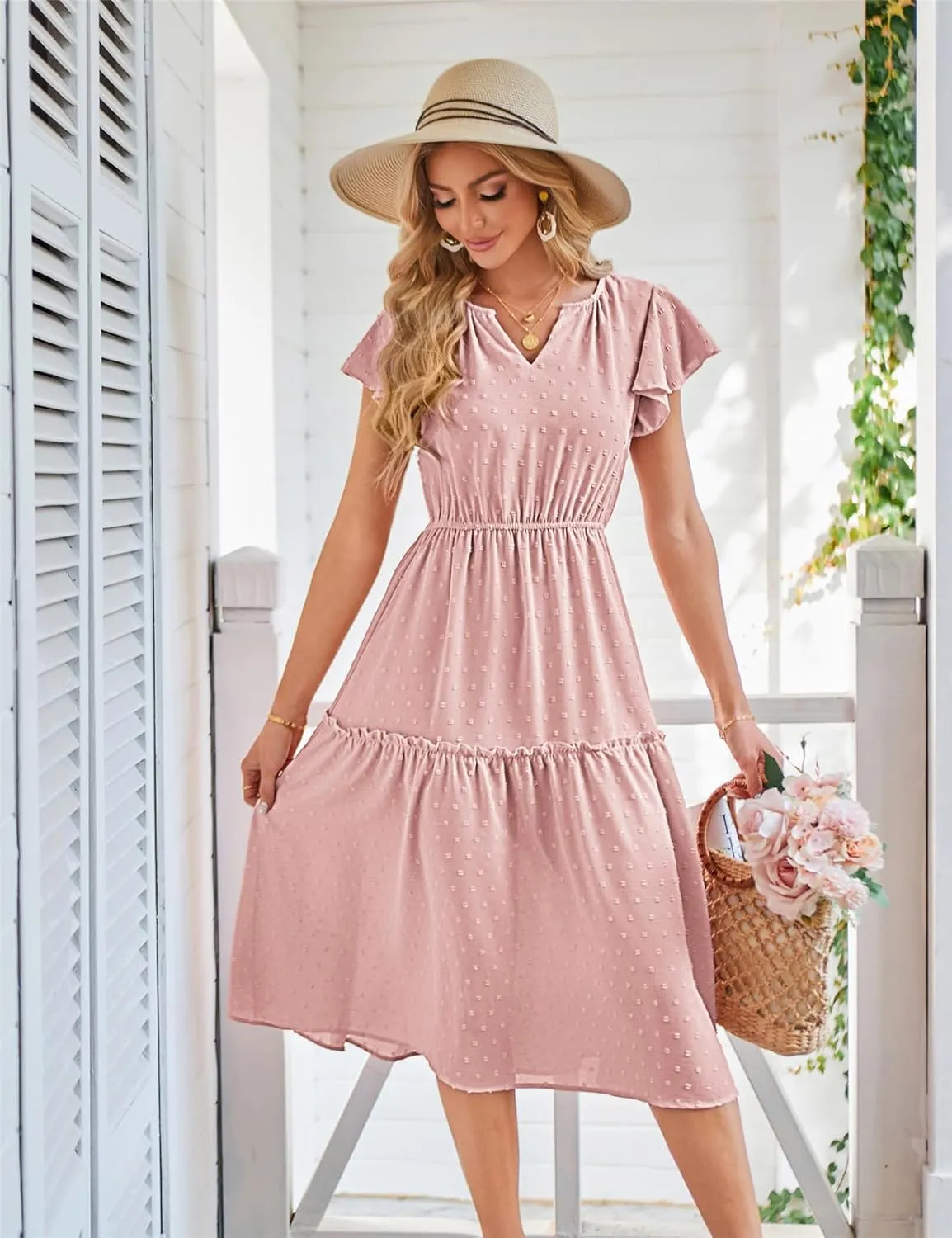 JASAMBAC Womens Dresses Casual Wrap V Neck Ruffle Short Sleeves Floral Print Flowy Dress Wedding Guest A-Line Maxi Dress