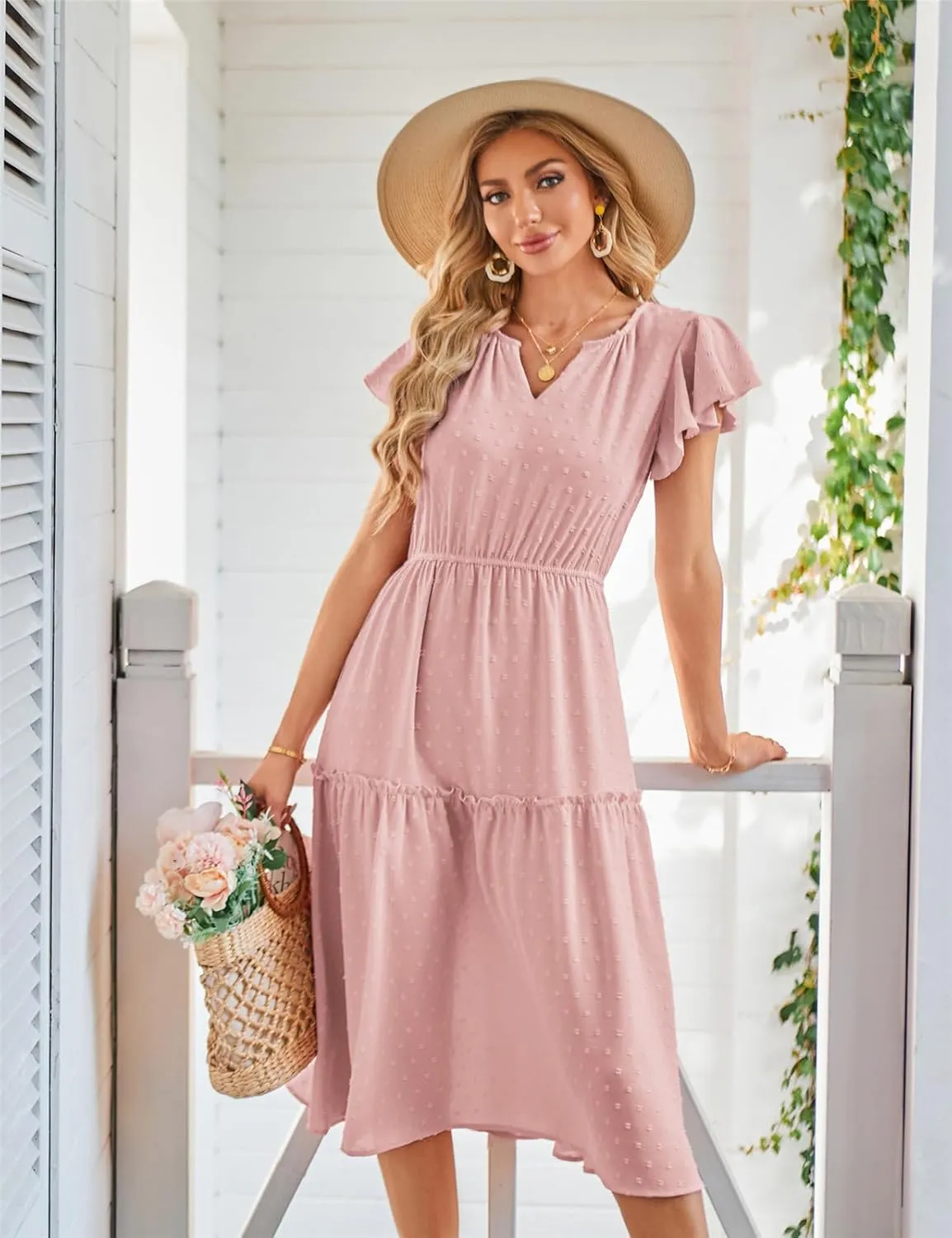 JASAMBAC Womens Dresses Casual Wrap V Neck Ruffle Short Sleeves Floral Print Flowy Dress Wedding Guest A-Line Maxi Dress