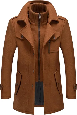JEKE-DG Men's Notch Lapel Casual Wool Blend Coats Business Windbreaker Warm Pea Coat Mid-Length Classic Winter Overcoat