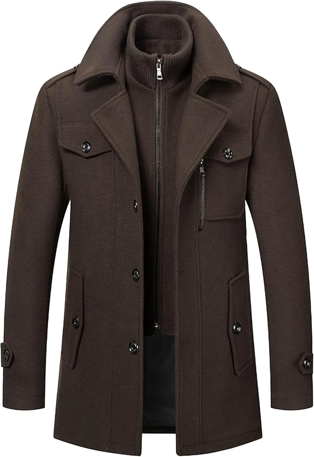 JEKE-DG Men's Notch Lapel Casual Wool Blend Coats Business Windbreaker Warm Pea Coat Mid-Length Classic Winter Overcoat