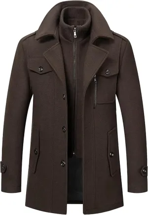JEKE-DG Men's Notch Lapel Casual Wool Blend Coats Business Windbreaker Warm Pea Coat Mid-Length Classic Winter Overcoat