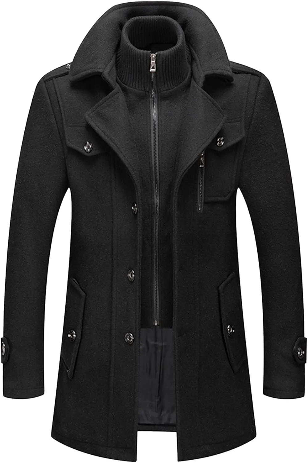 JEKE-DG Men's Notch Lapel Casual Wool Blend Coats Business Windbreaker Warm Pea Coat Mid-Length Classic Winter Overcoat