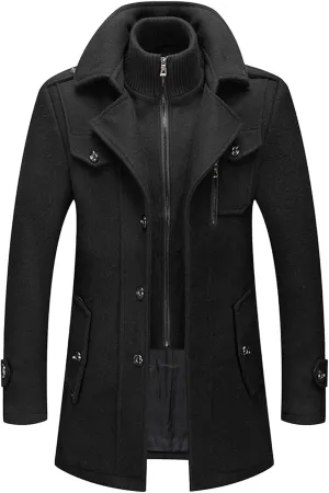 JEKE-DG Men's Notch Lapel Casual Wool Blend Coats Business Windbreaker Warm Pea Coat Mid-Length Classic Winter Overcoat