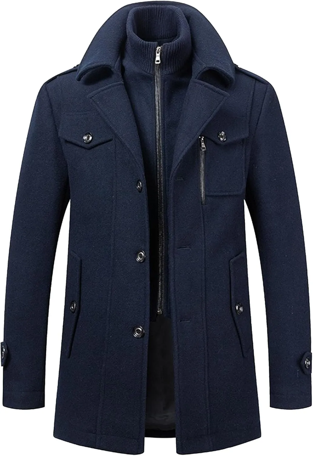 JEKE-DG Men's Notch Lapel Casual Wool Blend Coats Business Windbreaker Warm Pea Coat Mid-Length Classic Winter Overcoat