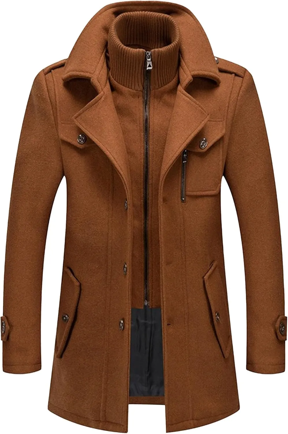 JEKE-DG Men's Notch Lapel Casual Wool Blend Coats Business Windbreaker Warm Pea Coat Mid-Length Classic Winter Overcoat