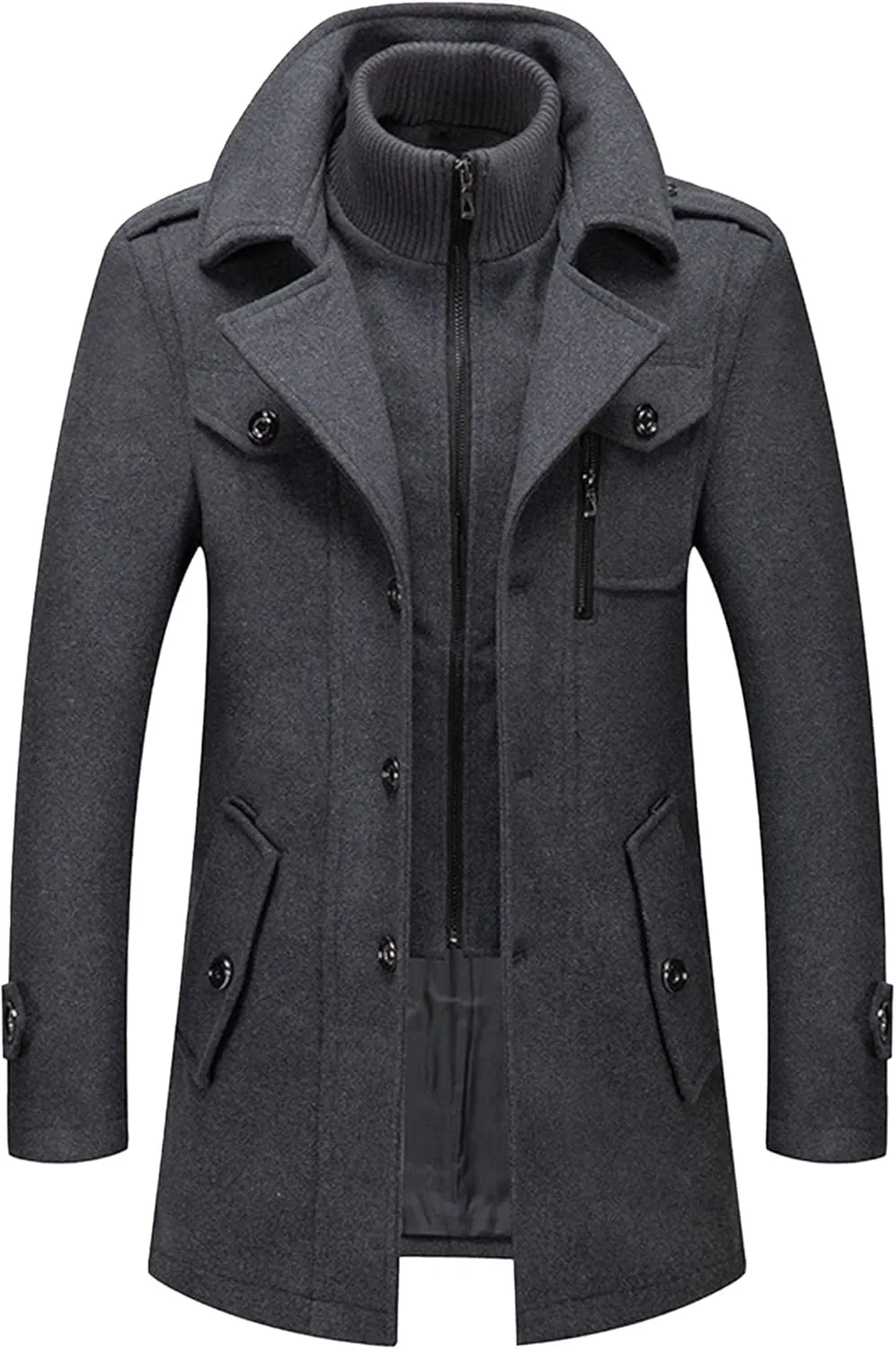 JEKE-DG Men's Notch Lapel Casual Wool Blend Coats Business Windbreaker Warm Pea Coat Mid-Length Classic Winter Overcoat
