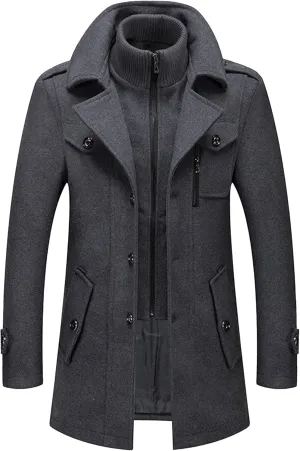 JEKE-DG Men's Notch Lapel Casual Wool Blend Coats Business Windbreaker Warm Pea Coat Mid-Length Classic Winter Overcoat