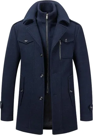 JEKE-DG Men's Notch Lapel Casual Wool Blend Coats Business Windbreaker Warm Pea Coat Mid-Length Classic Winter Overcoat