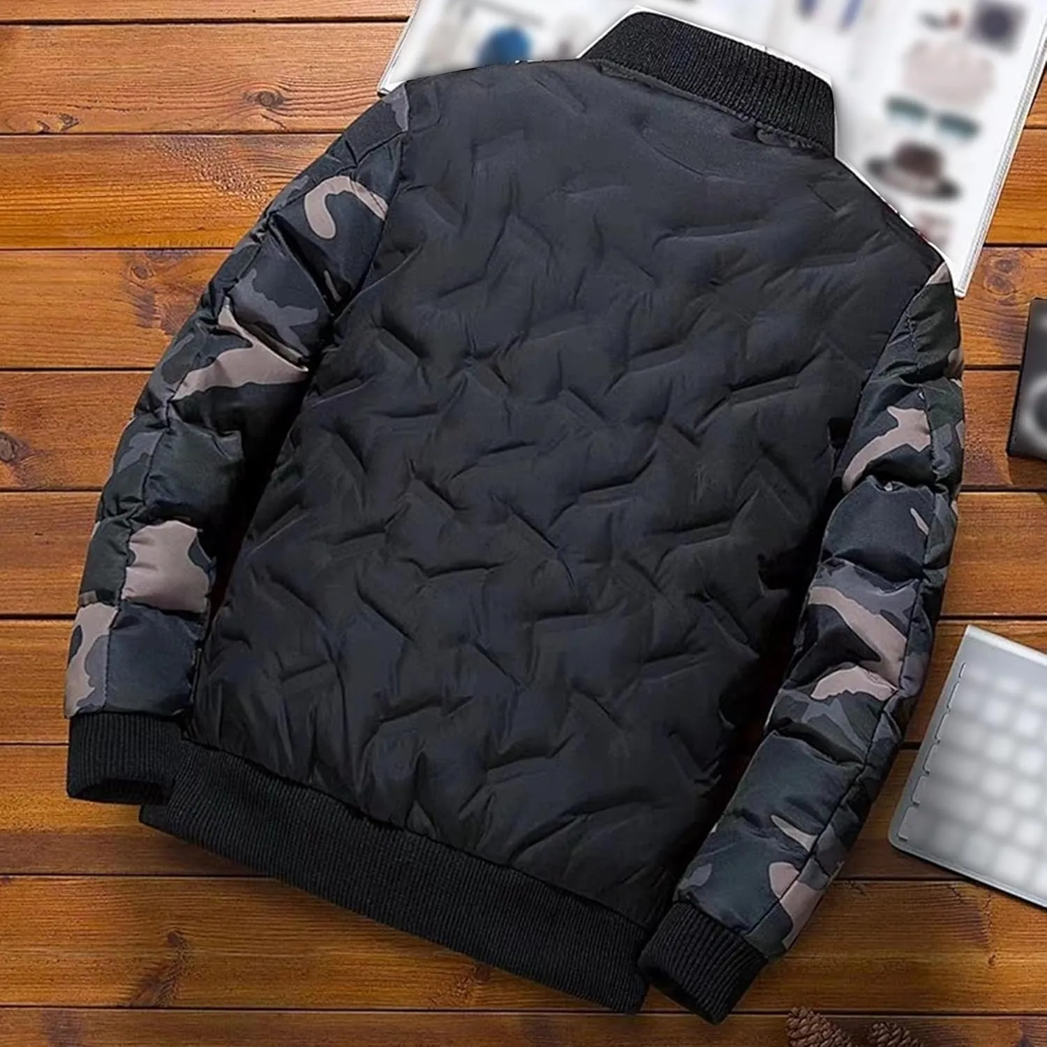 JEsilunmaMY Men's Lightweight Camo Bomber Jackets Winter Rib Varsity Baseball Quilted Jacket Windproof Warm Padded Coats