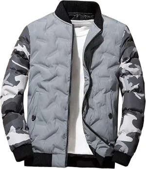 JEsilunmaMY Men's Lightweight Camo Bomber Jackets Winter Rib Varsity Baseball Quilted Jacket Windproof Warm Padded Coats