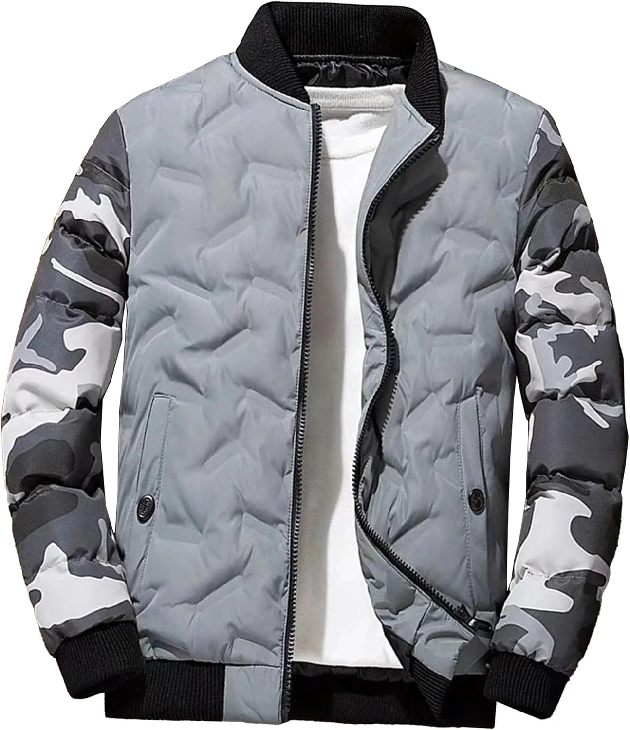 JEsilunmaMY Men's Lightweight Camo Bomber Jackets Winter Rib Varsity Baseball Quilted Jacket Windproof Warm Padded Coats